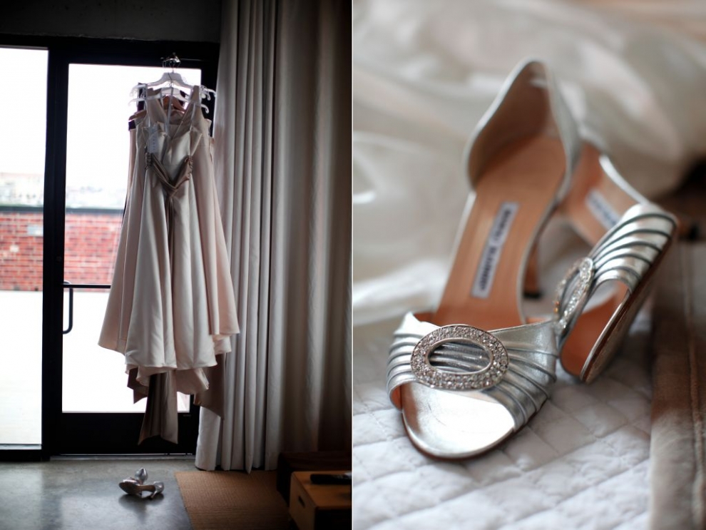 cream color wedding shoes and dress