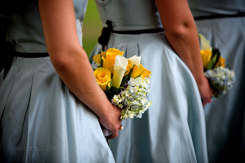blu bridesmaid dress and flowers